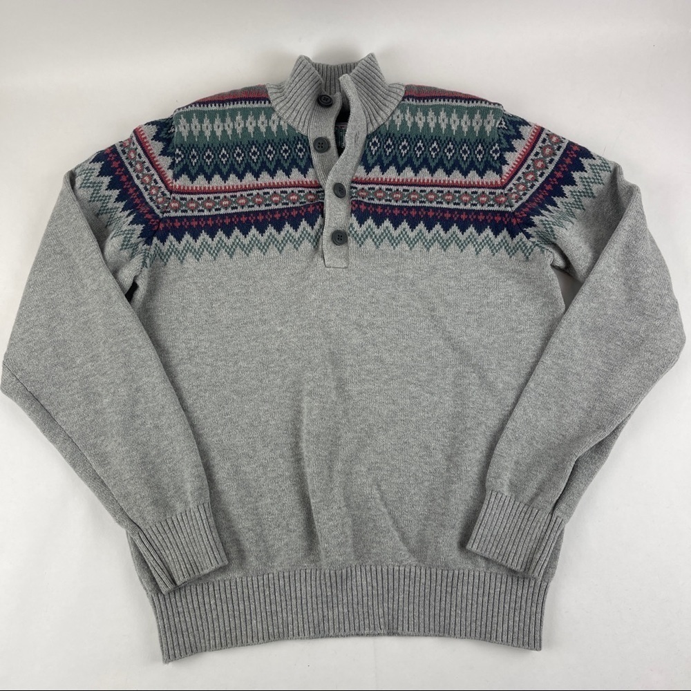 Izod Sweater Mens Medium Gray Mock Neck Buttons Long Sleeve